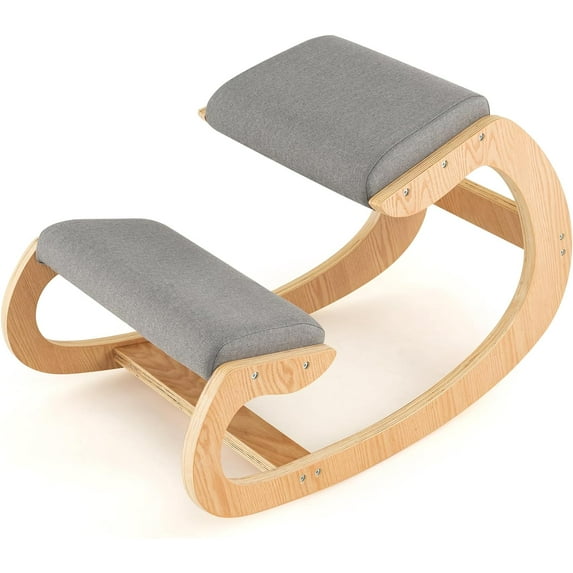 Ergonomic Kneeling Chair, Wooden Posture Chair W/Extra Padding for Back Neck Pain Relief & Improving Posture, Rocking Meditation Stool W/Knee Support for Home Office (Grey)