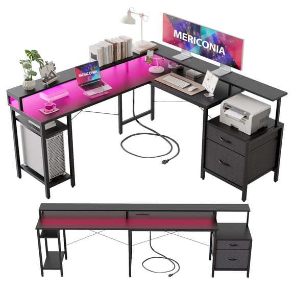 Ergonomic L Shaped Computer Desk with RGB Lighting, 112" Large Corner Gaming Desk, Power Outlets USB Ports, Monitor Stand, Storage Shelves & File Drawer, Home Office Workstation, Black