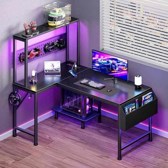 Ergonomic L-Shaped Gaming Desk with RGB Ambient Lighting and Multi-Tier Display Shelf  Corner Gaming Computer Desk with Charging Station, Cup Holder, and Storage Rack for Streamers and Home Offices
