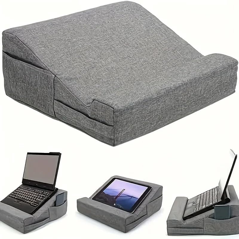 Ergonomic Laptop Lap Desk with Pillow & Storage Pocket - Grey Fabric Wedge Cushion for Notebook, Tablet, Bed, Couch (12.6 x 12.6 x 5.5 Inch), Portable Laptop Stand with Airflow