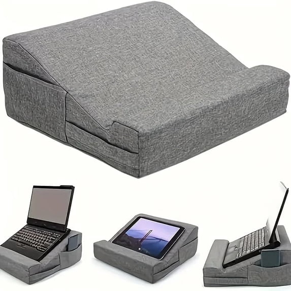 Ergonomic Laptop Lap Desk with Pillow & Storage Pocket - Grey Fabric Wedge Cushion for Notebook, Tablet, Bed, Couch (12.6 x 12.6 x 5.5 Inch), Portable Laptop Stand with Airflow