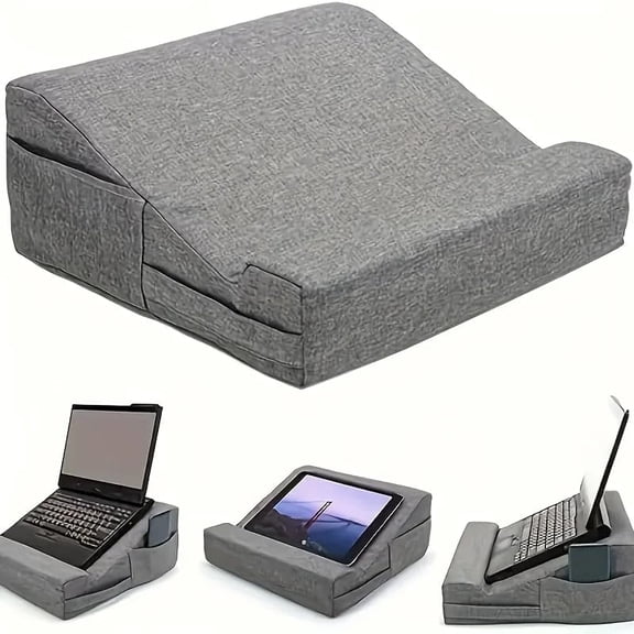 Ergonomic Laptop Lap Desk with Pillow & Storage Pocket - Grey Fabric Wedge Cushion for Notebook, Tablet, Bed, Couch (12.6 x 12.6 x 5.5 Inch), Portable Laptop Stand with Airflow