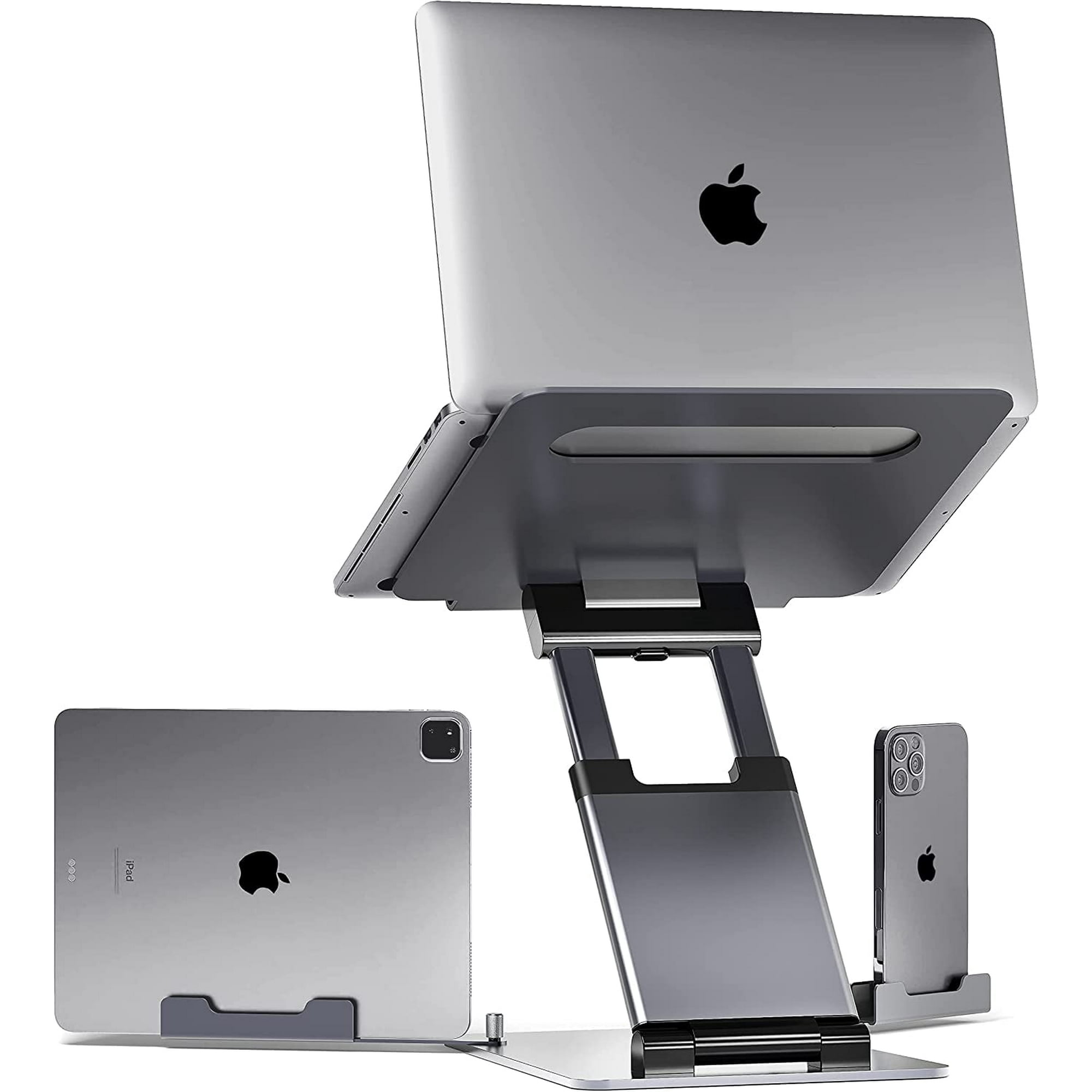 Gray Ergonomic Laptop Stand for Desk with Various Smart Devices Attached
