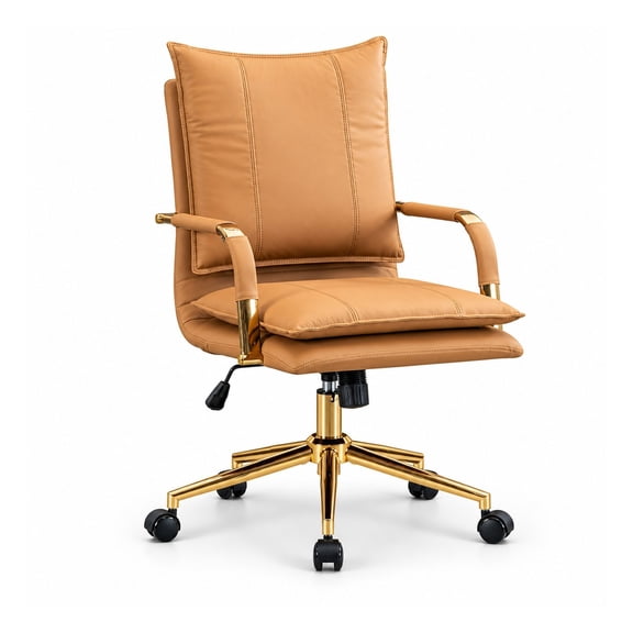 Ergonomic Leather Swivel Office Chair, Comfortable Mid-Back Executive Desk Chair with Armrest, Modern Upholstered Task Chair with Wheels, Camel