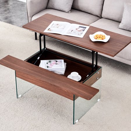 Ergonomic Lift Top Coffee Table With Dark Wood Grain Appearance And Robust Tempered Glass Legs Multifunctional Texture, Non-slip Base, Adjustable Height Feature