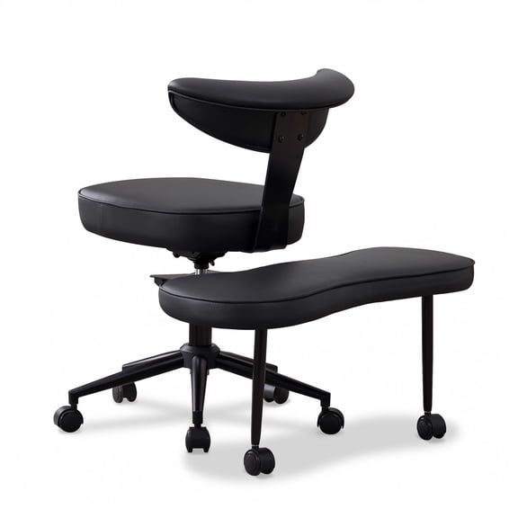 Ergonomic Lounge Chair with 360° Rotating Footrest – Supports Cross-Legged, Kneeling & Squatting Postures, Wheels – PU Leather Black