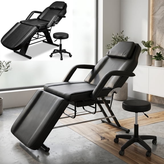 Ergonomic Massage Bed Thick Cushion Spa Massage Table Portable Tattoo Chair Heavy Duty Beauty Lash Bed with Hydraulic Rolling Stool Black