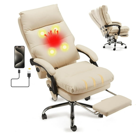Massage & Heat Office Chair, PU Leather Ergonomic Recliner with 8 Modes, 3 Intensity Levels, USB Port, Footrest for Home Office, Gaming, Beige