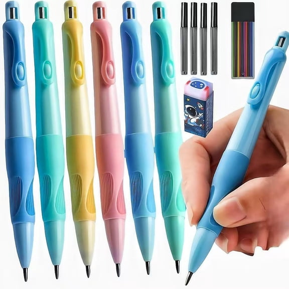 Ergonomic Mechanical Pencils, 5.43 Inch 2.0mm Lead Holder Posture Correcting Grip Handwriting Pencils with 14 Refills for Beginner Drawing Family Present, 4 Pencils 1 Lead Box Pack, LLLDMXY