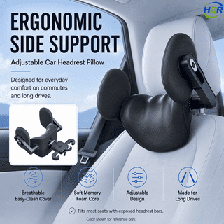 Ergonomic Memory Foam Car Neck Pillow with Side Support,Auto Headrest,Adjustable,Breathable,Easy Clean,for Long Drives,Universal Fit,Black