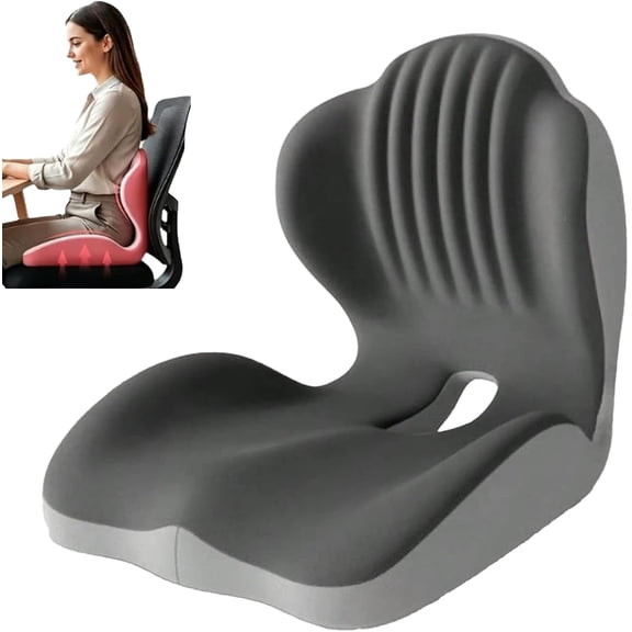 Ergonomic Memory Foam Seat Cushion, Integrated L-Shaped Support for Office Chair, Car - High Density Back and Hip Support Pad for Tailbone Relief, Non-Slip Orthopedic Chair Pillow (Black Gray)