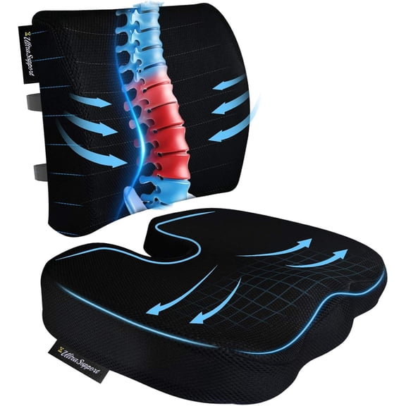 Ergonomic Memory Foam Seat Cushion with Lumbar Support, U-Shaped Design, Non-Slip Bottom & Washable Mesh Cover, Black