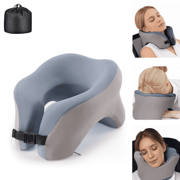 Adjustable Memory Foam Travel Neck Pillow, Ergonomic 360° Cervical Support Pillow with Removable Cooling Cover & Storage Bag, Airplane Car Office Use, Grey
