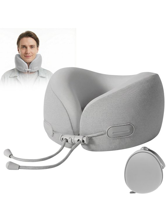 Memory Foam Travel Neck Pillow with Adjustable Buckle, Ergonomic 360° Chin Support for Airplane Long Flights, Washable Ice Silk Cover, Portable Neck Pillow for Travel, Gray