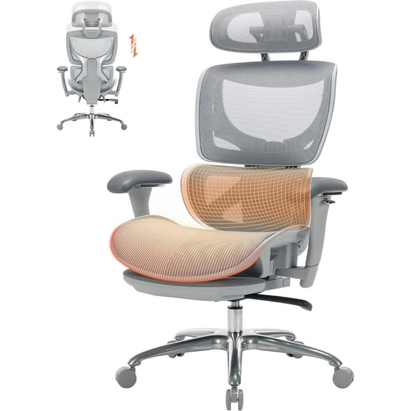Ergonomic Mesh Executive Office Chair with Retractable Footrest, High Back Computer Desk Chair with Adaptive Lumbar Support and Adjustable 3D Armrests, Comfortable Home Office Chair, Grey