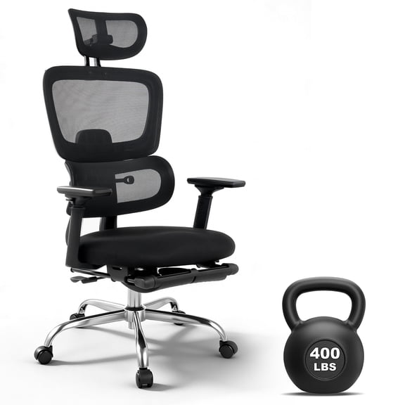 Ergonomic Mesh Gaming Chair for Office High Back, 400lbs Capacity, 4D Turn over-style-Up Arms, 3D Headrest, Adjustable Lumbar & Leg Support, 3-Level Tilt, Swivel Computer Seat for Long Hours, Black