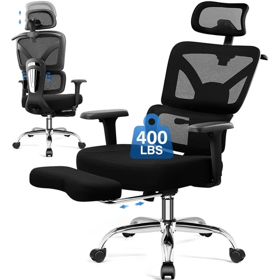COOLHUT Ergonomic Mesh Office Chair with Footrest, Big and Tall Computer Desk Chair with Adjustable Lumbar Support, Headrest and Armrest, High Back Home Office Chair for Workspace, 300LBS, Black