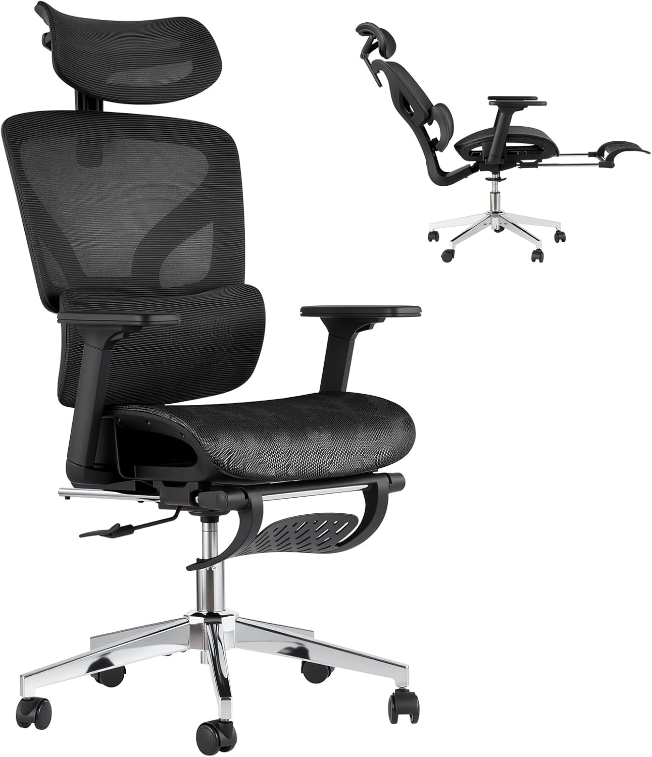 Ergonomic Mesh Office Chair with Footrest, Adjustable Armrests, Dynamic Lumbar Support, Recline & Tilt Function, High Back Design, Rolling Caster Computer Chair for Home Office, Black