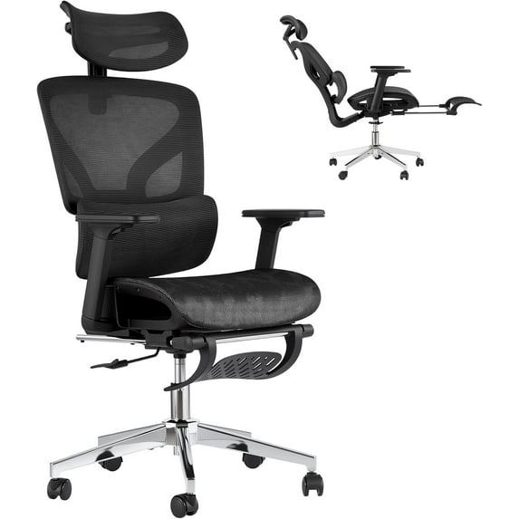 Ergonomic Mesh Office Chair with Footrest, Adjustable Armrests, Dynamic Lumbar Support, Recline & Tilt Function, High Back Design, Rolling Caster Computer Chair for Home Office, Black