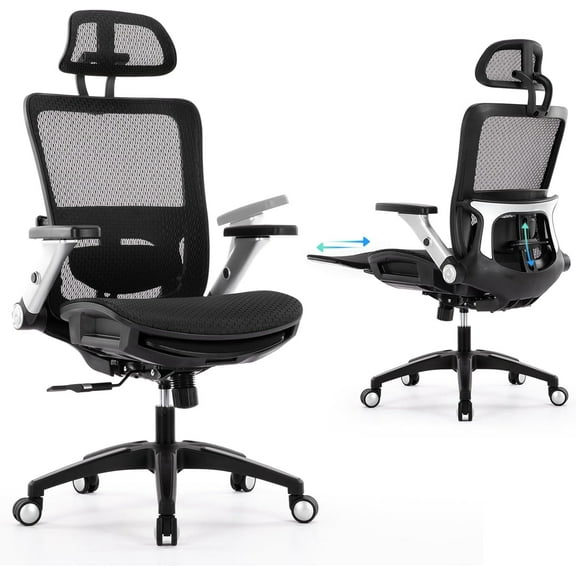 Ergonomic Mesh Office Chair with Footrest and Adjustable Lumbar Support, High Back Home Office Desk Chair, 4D Flip-up Arms, 3-Level Tilt Backrest, Computer Chair for Long Desk Work