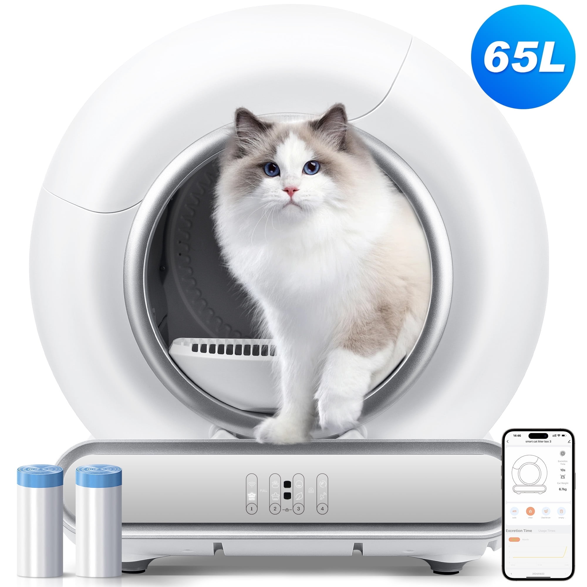 Automatic Litter Box for Multi-Cat Homes, Smart Self-Cleaning Cat Litter Box with Extra-Large 65L + 9L Capacity, APP Control, Automatic Triple Cleaning, Dual Odor Removal