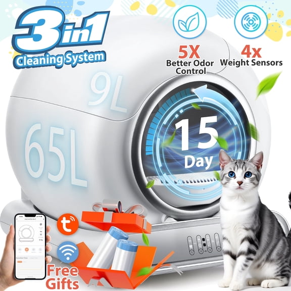 Automatic Litter Box for Multi-Cat Homes, Smart Self-Cleaning Cat Litter Box with Extra-Large 65L + 9L Capacity, APP Control, Automatic Triple Cleaning, Dual Odor Removal