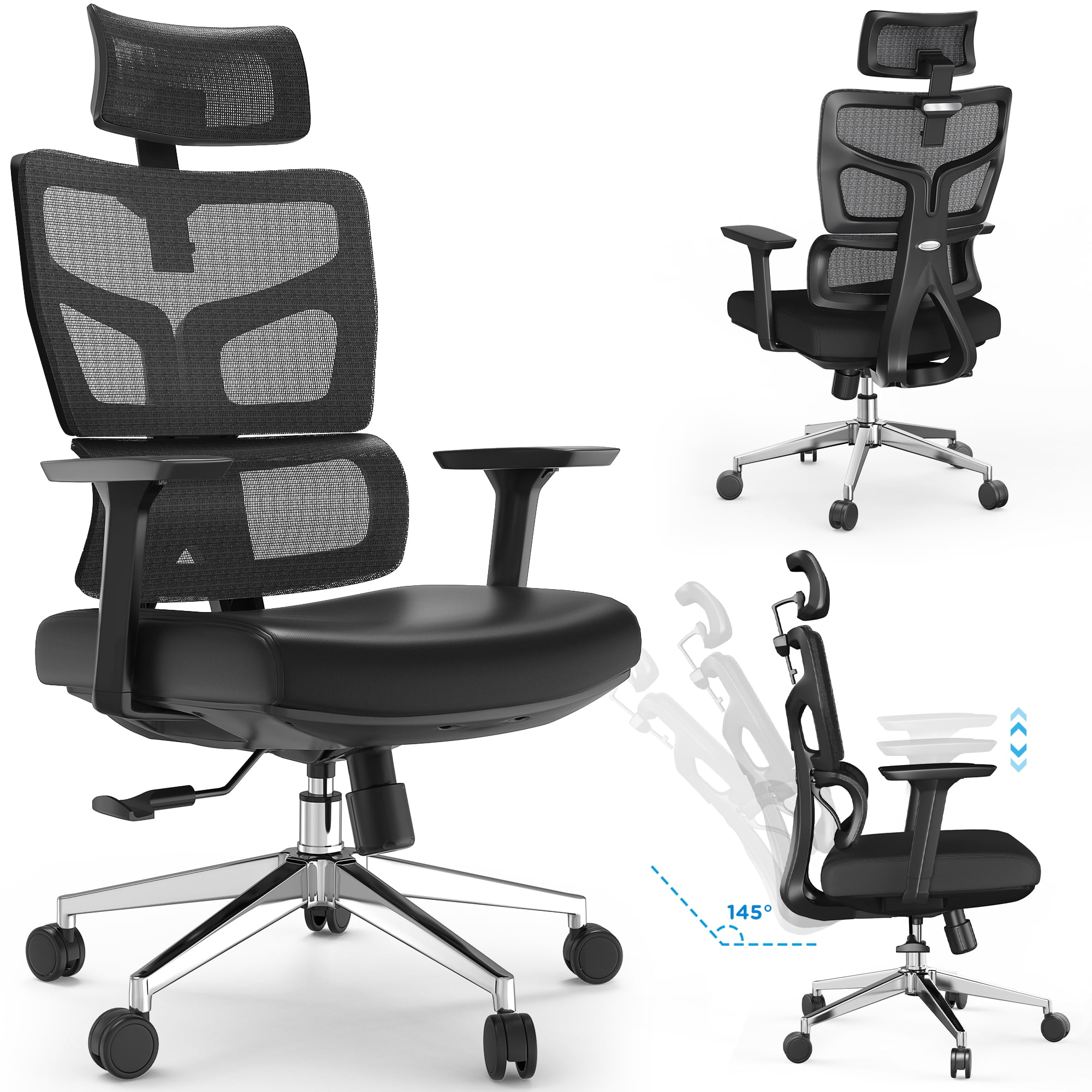 Qulomvs Mesh Ergonomic Office Chair with Footrest Home Office Desk Chair  with Headrest and Backrest 90-135 Adjustable Computer Executive Desk Chair