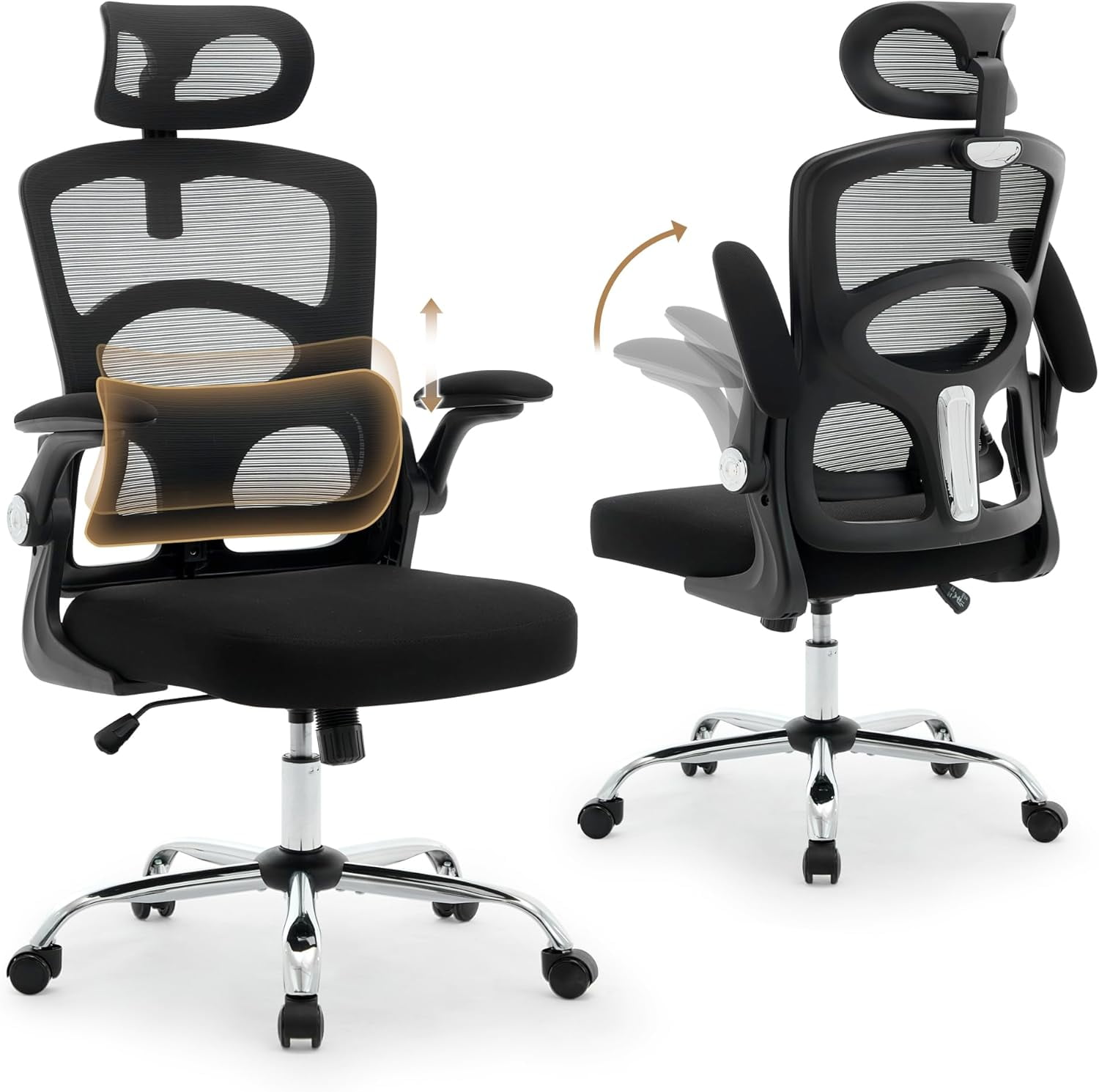 Ergonomic Mesh Office Chair, High-Back Desk & Gaming Chair with Adjustable Headrest, Rolling Swivel, Wheels, for Home, Office & Gaming Room, Black