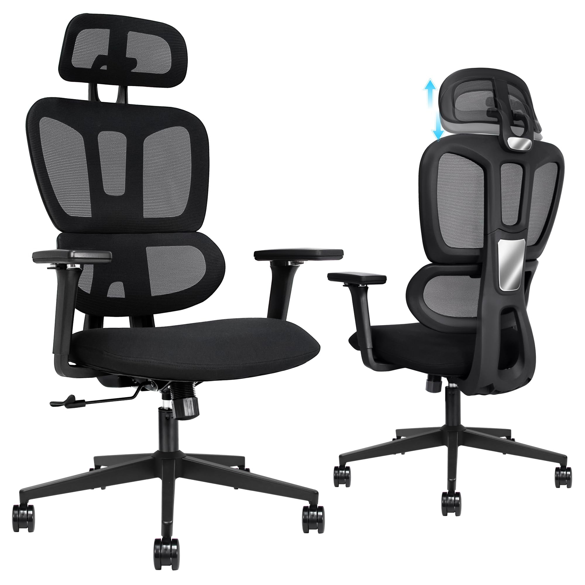 Ergonomic Office Chair, Computer Desk Chair Double Back with Max. 145°  Reclining, 3D Self-adpative Lumbar Support, Headrest and Armrests  Adjustable, 360° Mesh Swivel Chair for Home Office 
