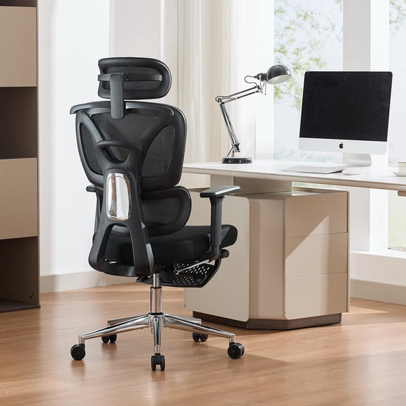 Ergonomic Mesh Office Chair for Home Office – Adjustable Lumbar Support, 3D Armrests, Reclining Back, Padded Headrest & Footrest, Wide Seat, Swivel Task Chair for Heavy Users