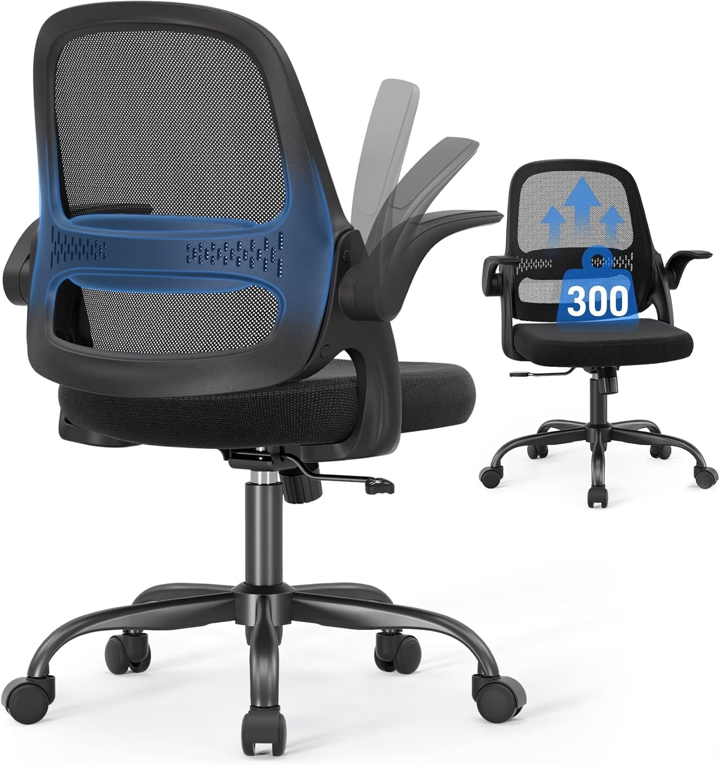 Ergonomic Mesh Office Chair for Home Office, Flip-Up Arms, Breathable Mesh Back & Thick Seat Cushion, Swivel Rolling Computer Desk Chair, Supports 300 lbs (Black Frame/Black Seat)