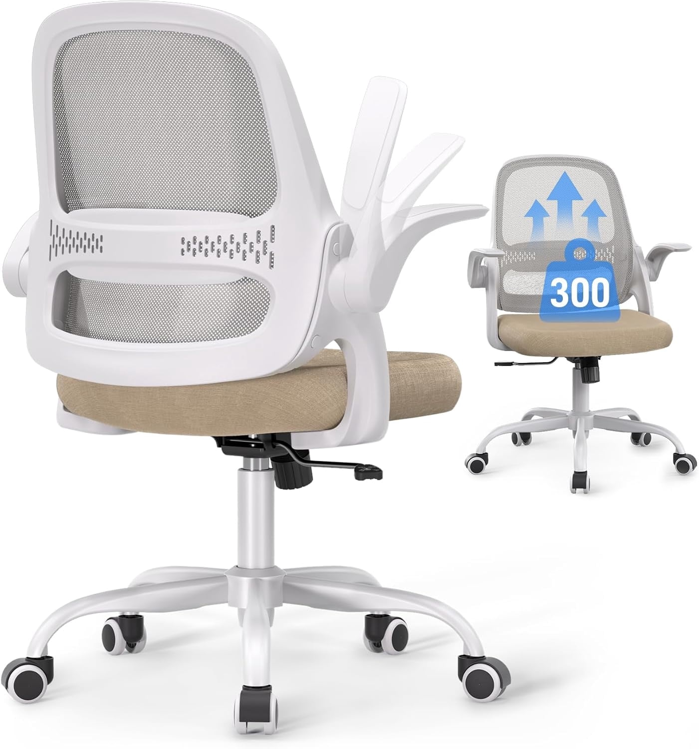 Ergonomic Mesh Office Chair for Home Office, Flip-Up Arms, Breathable Mesh Back & Thick Seat Cushion, Swivel Rolling Computer Desk Chair, Supports 300 lbs (White Frame/Beige Seat)
