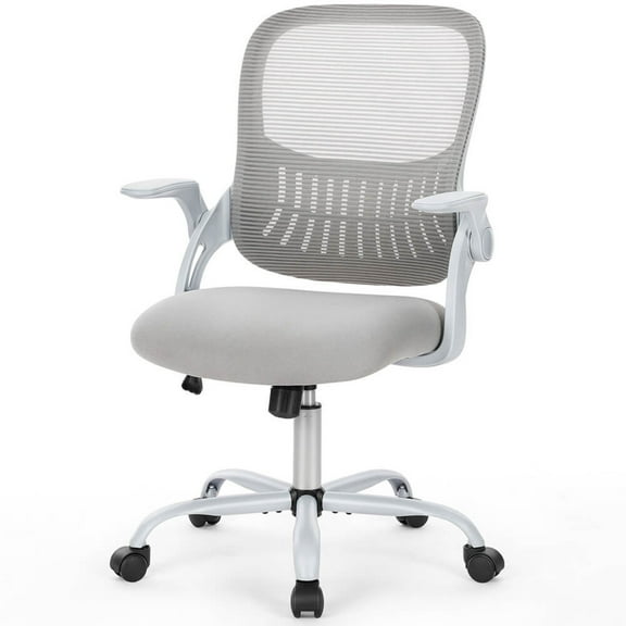Ergonomic Mesh Office Chair, Mid-Back Computer Desk Chair with Adjustable Height, Flip-Up Armrests & Built-In Lumbar Support for Home Office, Grey