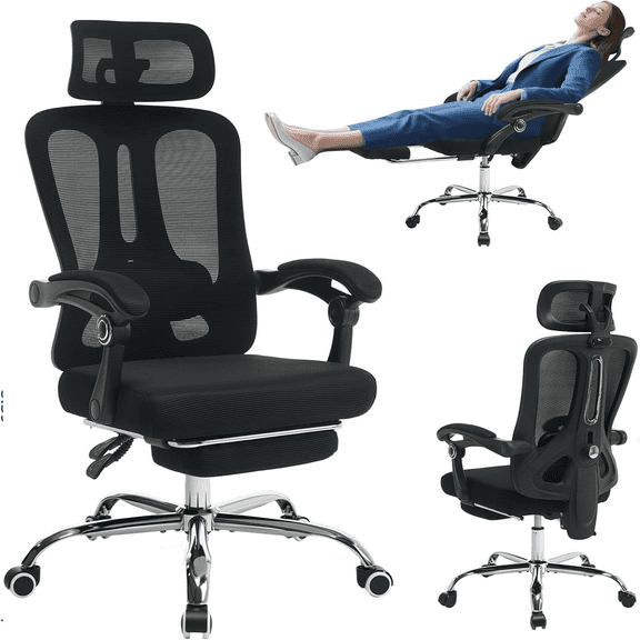 Ergonomic Mesh Office Chair with Retractable Footrest Executive High Back Computer Desk Chair with Adjustable Headrest & Lumbar Support for Home Office or Bedroom