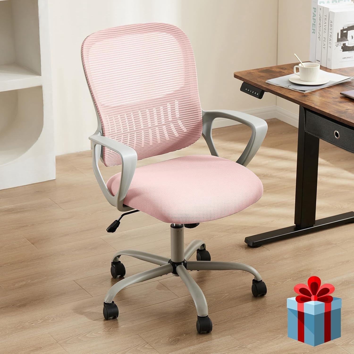 Ergonomic Mesh Office Chair with Lumbar Support - Adjustable Swivel Computer Chair, Pink