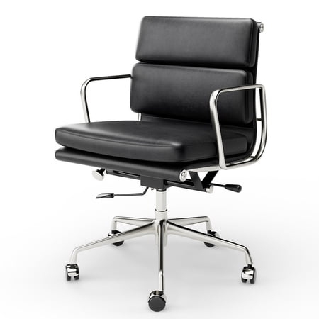 Ergonomic Mid-Back Executive Office Chair, Top Grain Leather Desk Chair with Aluminum Alloy Frame and Plush Cushion Lumbar Support, Swivel for Home Office