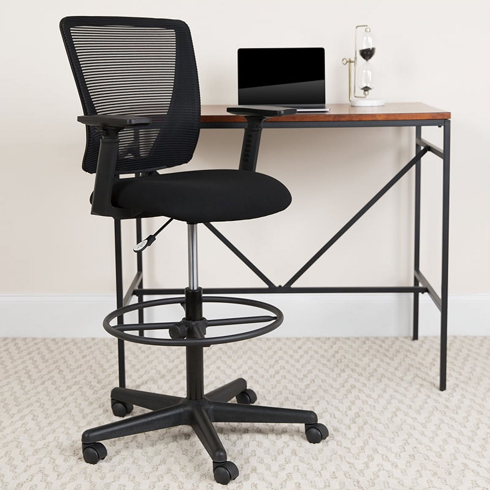 ErgoFlex Mid-Back Mesh Drafting Chair with Adjustable Arms and Black Fabric Seat