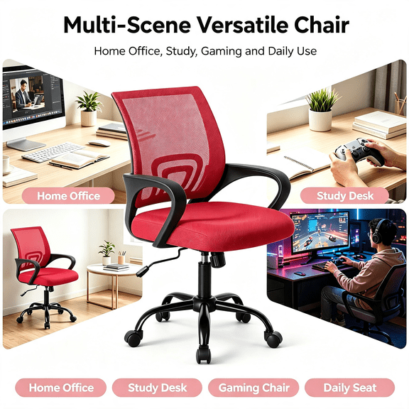 Ergonomic MidBack Office Desk Chair, Height Adjustable Computer Task Chair with Lumbar Support, Rocking Mode & Fixed Armrests for Home Office, red