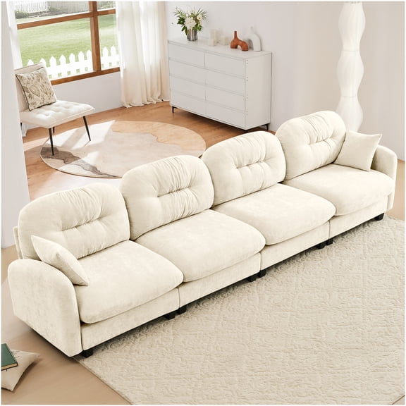 Ergonomic Modular Sectional Couch, 4-Seater Chenille Sofa with Tufted Back, 2 Pillows, for Living Room, Bedroom, Beige