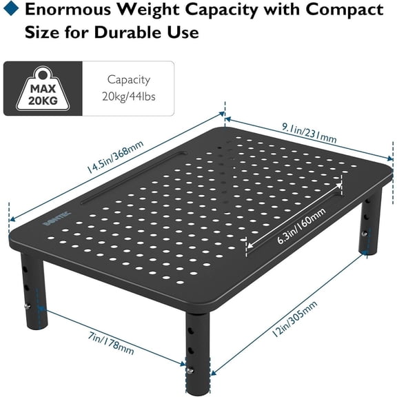 Ergonomic Monitor Stand Riser with 3 Height Adjustable Settings, Integrated Pen Holder and Cable Management, Durable Metal Computer Stand for Laptops, Desktops, and Printers, 14.5 Inch, Black