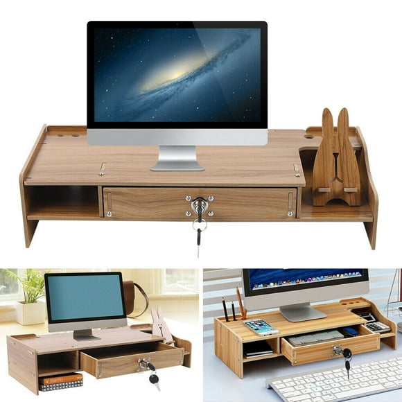 Ergonomic Monitor Stand Riser with Lockable Drawer, Cherry Wood Finish, Multifunctional Storage, for Home/Office Use