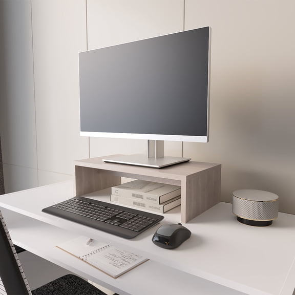 Ergonomic Monitor Stand In White Oak, 19.0"w X 10.2"d 5.4"h, Reduces Neck Stress, Space, Fits Any Work Area Oak - Enhances Posture And Productivity, Ergonomic, Space