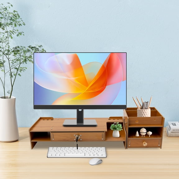 Ergonomic Monitor Stand with Storage Cabinet Adjustable Laptop Riser Shelf & Lockable Drawer 2-in-1 Cherry Wood Desk Organizer