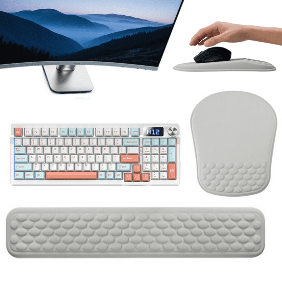 Ergonomic Mouse Pad and Keyboard Wrist Rest with Massage Design, Space-Saving Mouse Pad Wrist Support, Memory Foam Wrist Rest with Non-Slip PU Base for Computer Desk, Gray