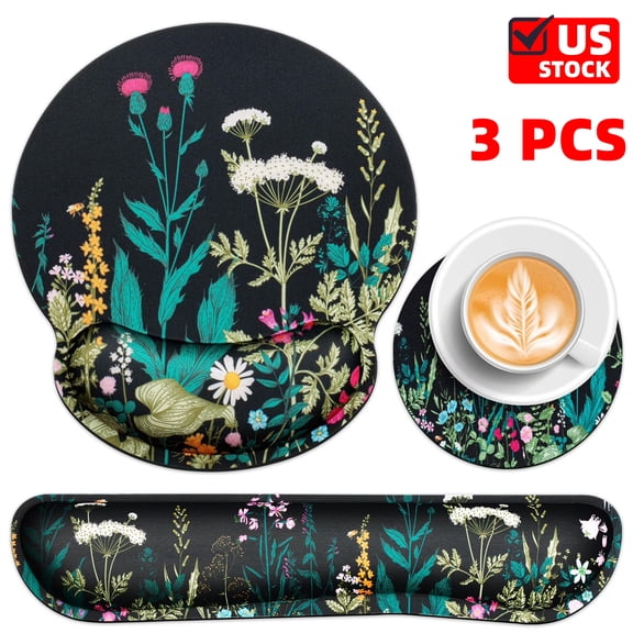 Ergonomic Mouse Pad with Wrist Rest and Keyboard Wrist Rest, Memory Foam Wrist Rest for Computer Keyboard, Easy Typing, Pain Relief, Mouse Pad Wrist Support for Gaming,Office, Laptop, Black Flower