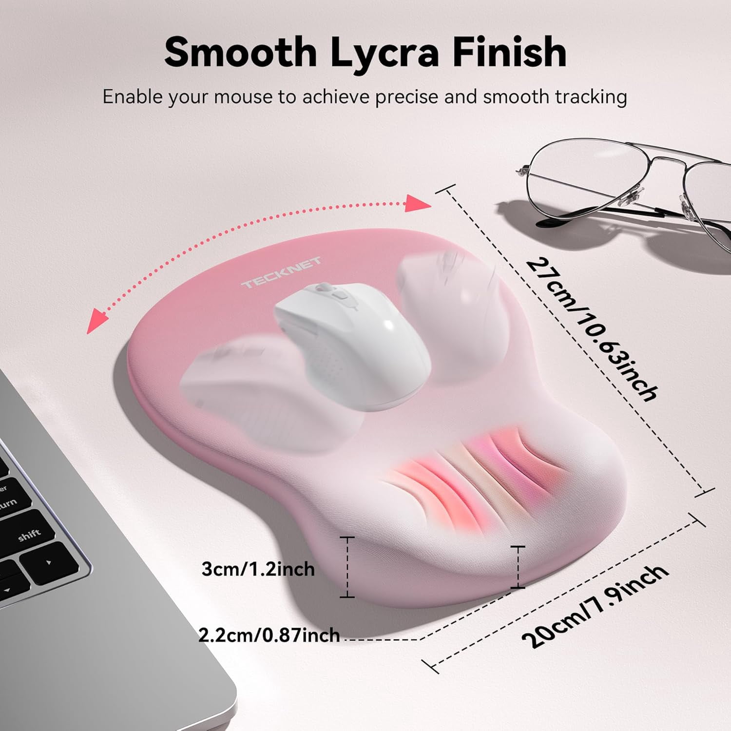 Ergonomic Mouse Pad with Wrist Rest, Memory Foam Mousepad with Wrist Support, Smooth Surface, Middle Concave & Non-Slip Base for Laptop/PC, Pain Relief for Home Office Gaming, Pink