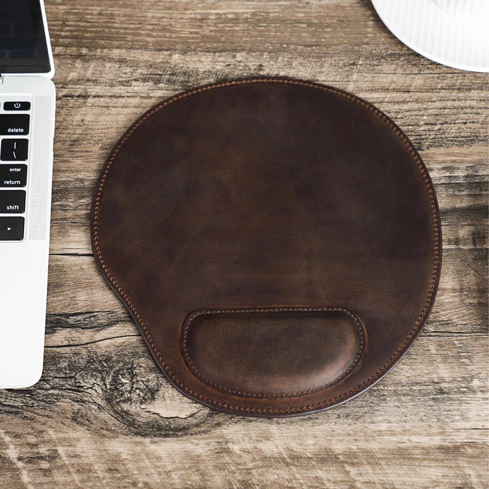 Ergonomic Mouse Pad with Wrist Rest - Premium Crazy Horse Leather Coffee Color - Gel-Filled Cushion, Non-Slip Microfiber Base, Comfortable Office & Home Desk Accessory (9.4" x 8.7")