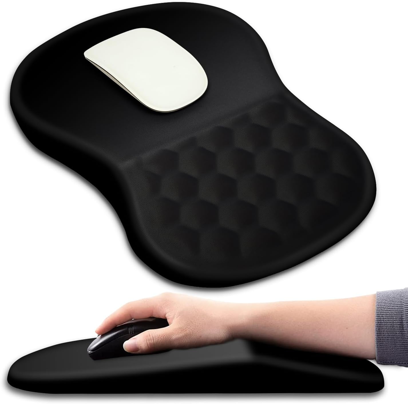 Ergonomic Mouse Pad Wrist Support with Massage Design, Wrist Rest Pain Relief Mousepad with Memory Foam&Non-Slip PU Base, for Wireless Mouse & Desk (12x8 inch,Black)