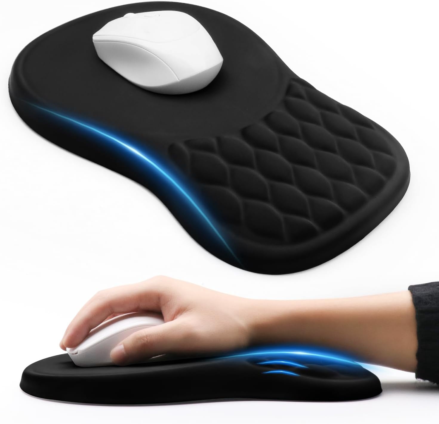 Ergonomic Mouse Pad with Wrist Support, Memory Foam Mousepad with Massage Design, Wrist Rest for Carpal Tunnel Pain Relief, Non-Slip PU Base for Office Desk/Gaming (Black)