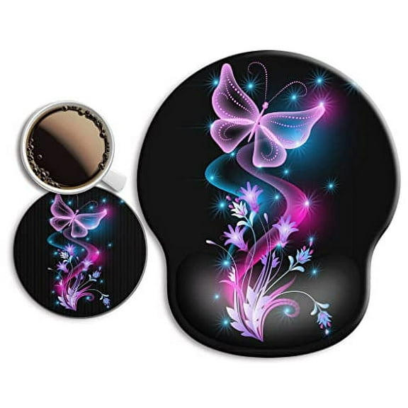 Ergonomic Mouse Pad with Wrist Support Rest,[ 20% Larger] Mousepad Gel Wrist Rest , with Coaster Non-Slip & Pain Relief for Computer, Desk, Home&Office-Butterflies